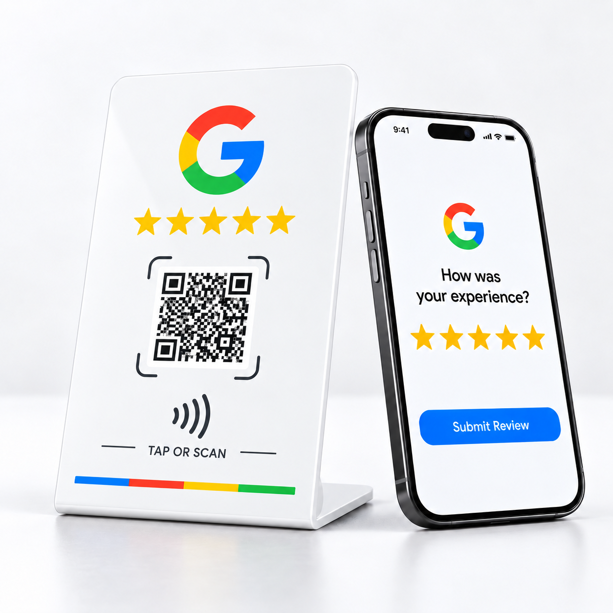 Ilustração de uma placa branca de balcão com NFC e QR code para avaliações Google, junto a um telemóvel