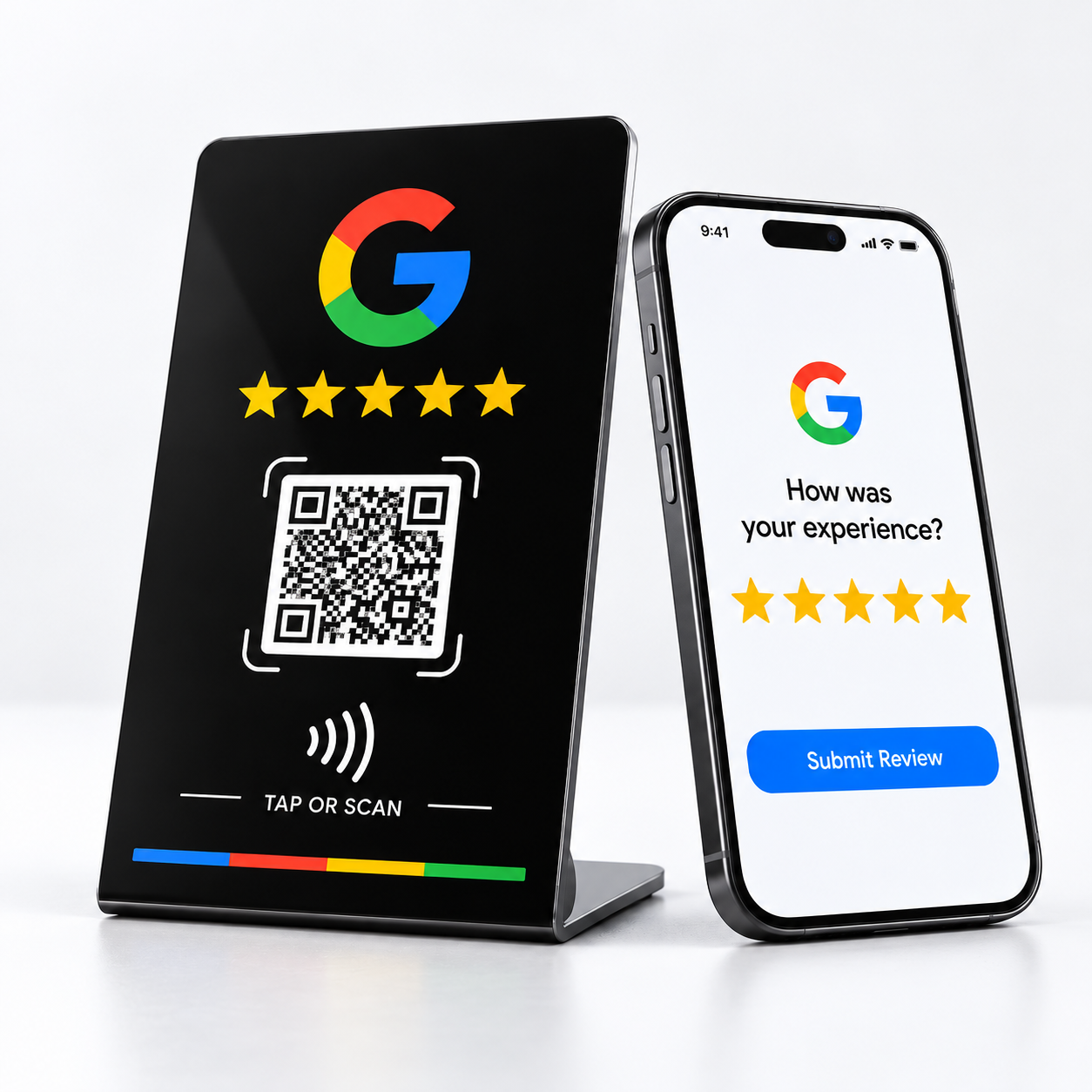 Ilustração de uma placa preta de balcão com NFC e QR code para avaliações Google, junto a um telemóvel