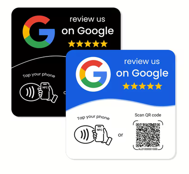 Cartões NFC planos para avaliações Google: um preto e outro azul e branco, com indicação de NFC e QR code